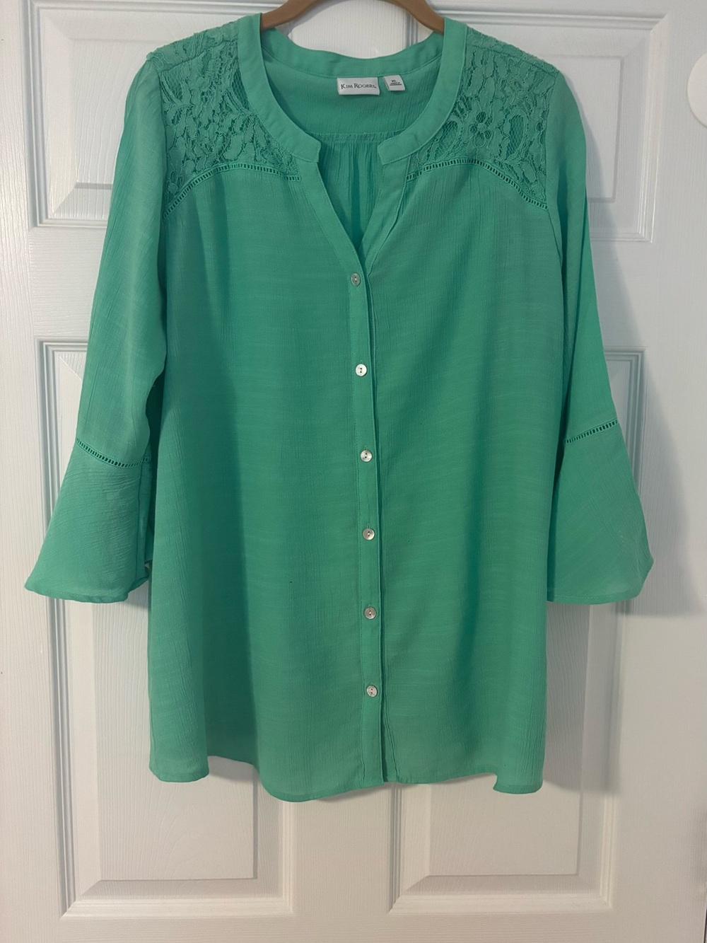 Kim Rogers Button Up 3/4 Sleeve Tunic Top Lace Detail Mint Green Women’s XL